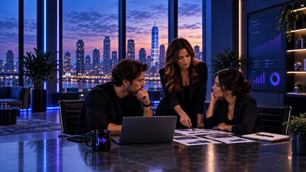 US marketing team reviewing a long-term digital marketing growth plan